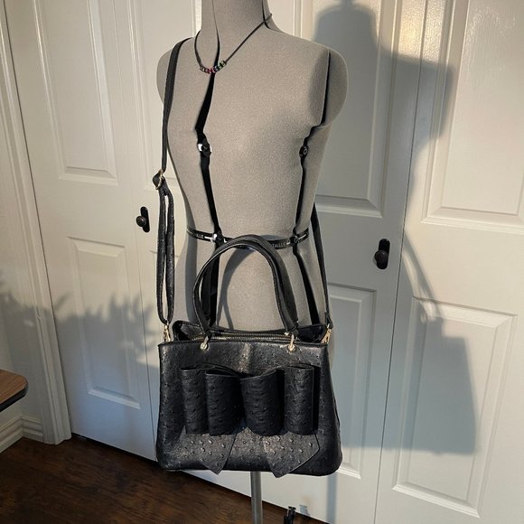 Black Vegan Ostritch Leather Purse with Bow - Picture 3 of 5